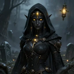 portrait of beautiful elf necromancer in graveyard, steampunk black hood, gloom, detailed face, black skin, glowy gold eyes, golden accessories, floating, high fantasy, dnd, highly detailed, smooth, sharp focus, digital illustration, by artgem, rossdraws, sakimichan