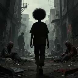 a dynamic long shot portrait of the silhouette of a black boy with an afro walking through a post apocalyptic alley with sick diseased homeless people, by simon stalenhag, dark and ominous, digital illustration, behance, rendered in unreal engine 5, rim lighting, ray tracing, 8 k, hd