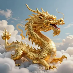 'a golden Chinese dragon on the sky with clouds around, 4k, unrealistic'