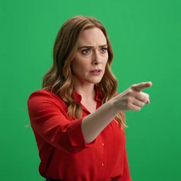 Elizabeth olsen with red shirt angry and pointing , green screen background, cinematic shot
