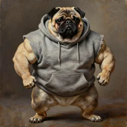 muscular oversized dog pug bodybuilder is wearing a hoodie , heavy texture victorian  natural oil painting , epic pose