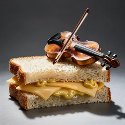 ham sandwich with cheese and mustard playing a violin, sandwich playing a violin, photo realistic, realistic lighting, realistic shadows