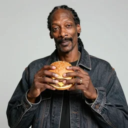 Snoop Dogg holding a cheeseburger for a 1990s sitcom tv show, Studio Photograph, portrait, C 12.0