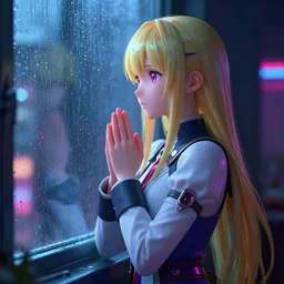 Bridgett priestess from guilty gear series praying and is looking at a rainy window in the style of a code vein character creation, cyberpunk art by Yuumei, cg society contest winner, rayonism light effects and bokeh, daz3d, vaporwave, deviantart hd