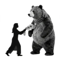shadow puppet show of a woman plucking a piece of fur from the chest of a giant bear, black and white