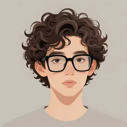 A curly-haired persian skinny guy wearing square black glasses and no beard, muted colors, matte print, pastel colors, 2d, ultra highly detailed, smooth, sharp focus, digital art, digital painting, fan art, elegant, artstation, head is centered