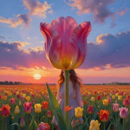 dutch girl, giant tulip head, surreal photography, flower field, sunset dramatic light, impressionist painting, colorful clouds, blue sky, digital painting, artstation, simon stalenhag