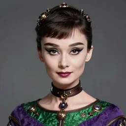 in the style of joshua middleton, artgerm, beautiful audrey hepburn, steampunk, bioshock, elegant pose, middle shot, spooky, symmetrical face symmetrical eyes, three point lighting, detailed realistic eyes, short neck, purple and green top clothing, insanely detailed and intricate elegant