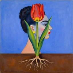 a colorful painting of a side view of a tulip in with roots going deep into the ground in the stale of frida kahlo with the colors of mexico