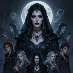 hyper realistic portrait art of a female drow necromancer, wearing gothic trinkets, beautiful face, dark hooded robes, moonlit, ghostly atmosphere, spirits, long dark hair, by stanley artgerm lau, wlop, rossdraws, james jean, andrei riabovitchev, marc simonetti, and sakimichan, tranding on artstation