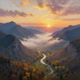 The most beautiful panoramic landscape, oil painting, where the mountains are towering over the valley below their peaks shrouded in mist. The sun is just peeking over the horizon producing an awesome flare and the sky is ablaze with warm colors and stratus clouds. The river is winding its way through the valley and the trees are starting to turn yellow and red, by Greg Rutkowski, aerial view