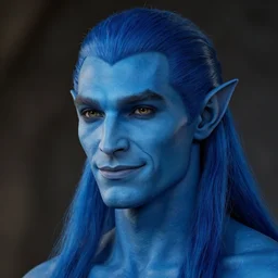 a portrait of a blue skin humanoid male in his 3 0 s with, noble, chiseled jaw, slightly smiling, elf ears, beautiful man, long blue hair in a ponytail, short hair on sides, style by donato giancola, wayne reynolds, jeff easley, dramatic light, high detail, cinematic lighting, artstation