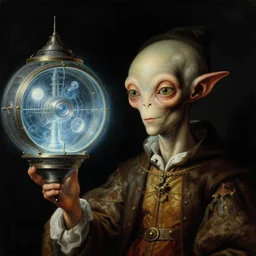 a baroque close - up portrait of a whimsical alien wizard standing next to a glowing sci - fi time machine. black background. highly detailed science fiction fantasy painting by norman rockwell, moebius, frank frazetta, and sandro botticelli. high contrast. renaissance masterpiece. artstation