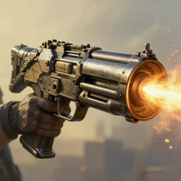 cyberpunk big gun firing from barrel, detail, atmospheric lighting, painted, intricate, golden hour, ultra detailed by peter gric, giger, enki bilal