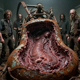 movie still of macerated whip machine, rusted and gutted, in gastic lining, by alberto bontempi, shigeru komatsuzaki, wayne d barlowe, alex ross, simon bisley & boris vallejo, enric torres, hyper realism, cinematical, narrative light, muted colors, epic, hyper detailed, awe inspiring, award winning horror, narrative