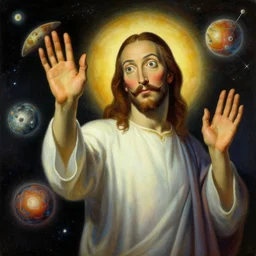 beautiful matte painting art of Jesus waving his hands and creating universes, by Salvador Dali