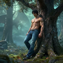 a photograph of a musclebound shadow demi - dragon man wearing jeans leans against a magical tree romance novel fantasy photoshoot epic detailed and itricate digital photo trending on artstation by wlop octane render