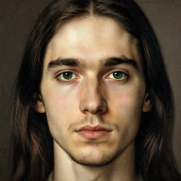 young man, long hair!!!!, short facial hair, no mustache, dark green eyes, dark eyebrows, light widows peak light facial hair, in the style of mauritz cornelis escher, in - frame