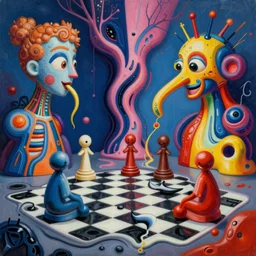 an extremely high quality hd surrealism painting of a 3 d perspective neon complimentary - colors cartoon surrealism melting sculpture gallery made of zaha hadid biological anatomical chess players by a much more skilled version of kandinskypicasso and salvia dali the fourth, salvador dali's much much much much more talented painter cousin, 8 k, ultra realistic, very realistic, nerves, veins, neurons, 4 k