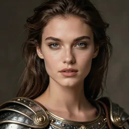 close - up portrait of beautiful model dressed gladiator with metallic armor, art mario testino