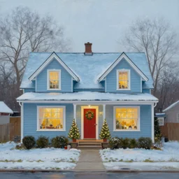 a small suburban house, dusty blue, decorated for christmas. beautiful painting by artgerm and greg rutkowski