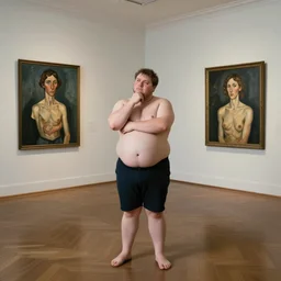 a chubby man standing in the middle of an empty room thinking about what he's going to do next, by lucian freud and jenny saville
