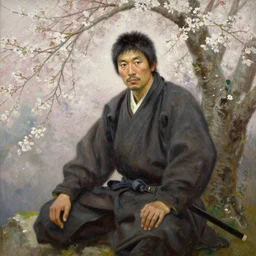 an oil painting of a samurai warrior sitting under a cherry tree with white blossoms, detailed face, edward robert hughes, tony sart