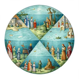 escher style pattern of 3 6 0 panorama, three point perspective colorful hieronymus bosch characters under wather