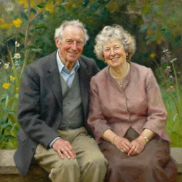 a painting of a happy 60 year old man and a happy 60 year old woman sitting in a garden together, by william turner