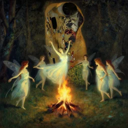 dance of fairies around a fire in a forest at night, glowing, painting, muted colors, magical, by peter mohrbacher, by james gurney, by klimt, by alphonse mucha, by john william waterhouse