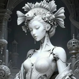 portrait of an absurdly beautiful, graceful, sophisticated, fashionable cyberpunk mechanoid, hyperdetailed illustration by irakli nadar and vania zouravliov, matt wisniewski style, intricate linework, white porcelain skin, faberge, tropical fish headdress, unreal engine 5 highly rendered, global illumination, radiant light, detailed and intricate environment