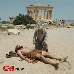 gandalf attacks ancient athens, washed up on the beach. cnn news footage taken from above.