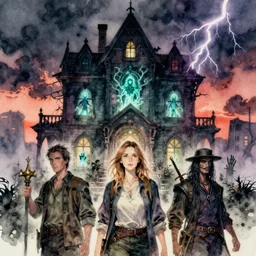 a group of urban fantasy adventurers approach a tall and foreboding haunted house at sunset, teal spectral denizens rise from windows, magical realism, three heroes, prepared protagonists, journeyman exorcists, detailed realistic watercolor by greg rutkowski and kwanchai moriya, haunting, ominous, exciting, solemn, lightning study