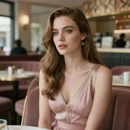 cinestill 5 0 d portrait of a dreamy beautiful woman britt marling 3 / 4 by roversi sitting in an art deco'cafeteria, long hair, wearing art deco'dress, 3 5 mm lens, 8 k, elegant, highly detailed, pale mute pink matt, soft blur, artstation, sharp focus, head in focus