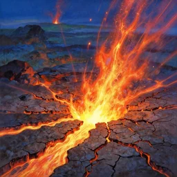 ground cracked open, fissures, magma glow, fire, destruction, incandescent leylines, multicolored, landscape painting by chuck jones makoto shinkai