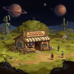in front of a general store, in a remote outpost, on an alien planet, from a space themed point and click 2 d graphic adventure game, set design inspired slightly by hg giger and tomb raider, art inspired by thomas kinkade and bob ross and william alexander