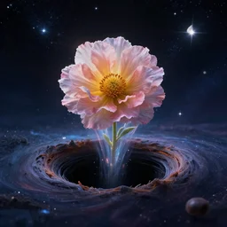 photograph of a beautiful flower getting sucked into the black hole, 4k, breathtaking stars, space background, surrealism, concept art, Trending on artstation