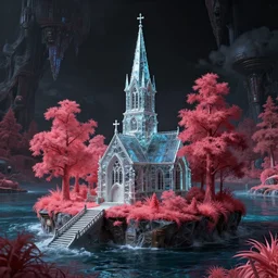 a beautiful ultradetailed rendering of chapel nature by stanley spencer, architecture island infrared dramatic lighting dieselpunk studio ghibli vaporwave evil cgsociety alien sea hyperrealism made of glass postcyberpunk at fall bioshock earth darkacademia forest synthwave fantasy, archdaily, wallpaper, highly detailed, trending on artstation.