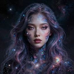 portrait of a woman with long hair made of galaxies. intricate abstract. intricate artwork. by tooth wu, wlop, beeple, dan mumford. trending on artstation, greg rutkowski very coherent symmetrical artwork. cinematic, hyper realism, high detail, octane render, 8 k, iridescent accents
