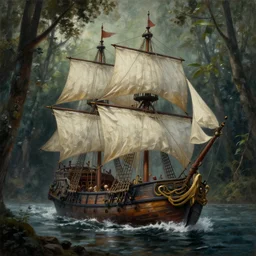 a painting of a pirate ship in a forest, hyper detailed, moody