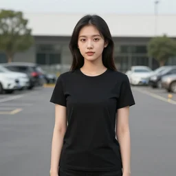 a girl in a black shirt is standing in front of the parking lot