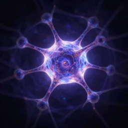 neuron cell in the center of network, iridescent radiant light, digital painting, artstation, fine detail, dark purple and blue color, black background