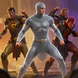 translucent realistic slim muscular chainmail vintage suit superhero in battle, fantasy digital art, vivid color style artstation, style greg rutkowski and frank frazetta and mucha and richard corben, octane render, unreal engine 6, epic game graphics, fantasy, conceptual art, ray tracing