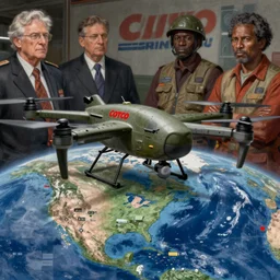 hyper realistic costco branded military drone plane over map of earth weather forecast, highly detailed, digital painting, Trending on artstation , HD quality, by artgerm and greg rutkowski and alphonse mucha, dramatic light, octane render, 4k, 8k, 25mm film grain