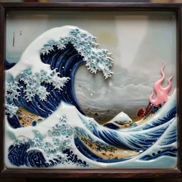carved diorama of the great wave of kanagawa with pink lava and fire, made out of transparent porcelain with celadon glaze