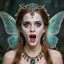 portrait of startled scared surprised fairy with her mouth wide open, symmetric, facepaint facepaint facepaint, intricate jewelry, trending on artstation 4 k, in the style of karol bak and tom bagshaw, bust with face of emma watson