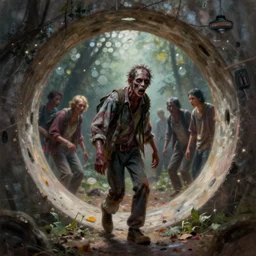 a bokeh photo of a zombie stepping out of a portal from another dimension, documentary film, an ultrafine detailed painting by james jean, cgsociety, figurative art, detailed painting, dystopian art, high detail greg rutkowski and andreas rocha, tristan eaton, victo ngai, artgerm, rhads, ross draws