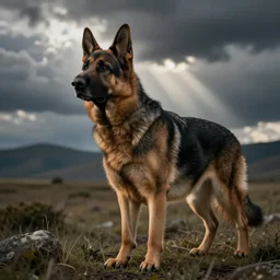 a humanoid german shepherd, he wears a gray shirt.