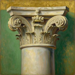 achingly beautiful painting of intricate ancient roman corinthian capital on green and gold background by rene magritte, monet, and turner. giovanni battista piranesi.