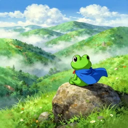 squaresoft ( ( akira toriyama ) ) chrono trigger chronotrigger!! tiny frog character, blue cape!!, seated on top of a rock next to a lush green hillside, valley clouds, a detailed painting by hayao miyazaki, pixiv contest winner, plein air, 2 d game art, official art, detailed painting, wanderer above the sea of fog